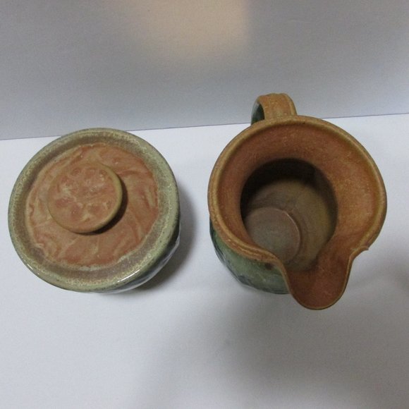 vtg green glazed pottery sugar bowl and creamer set nature tones boho table set - Picture 6 of 8